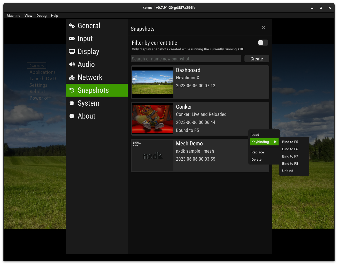 Le menu snapshot de Xemu