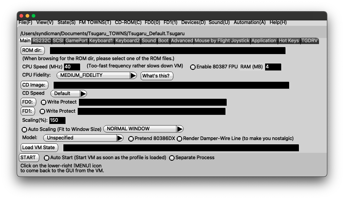Fenêtre de configuration de Tsugaru